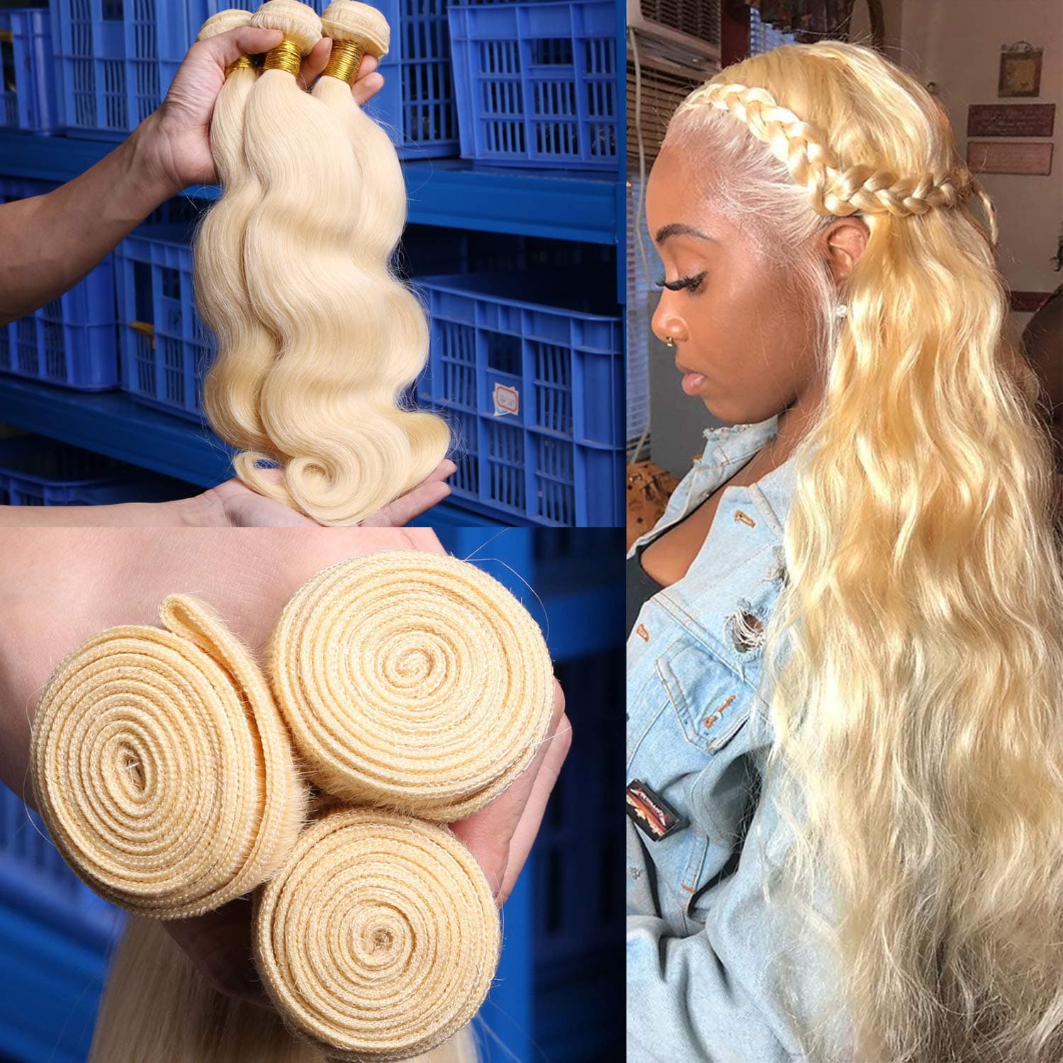 613 Blonde Bundles With Closure Brazilian Blonde Body Wave 3 Bundles With 4x4 Lace Closure 100% Remy Human Hair Extensions Can be Dyed Any Color (18/20/22+16 Inch, 613)