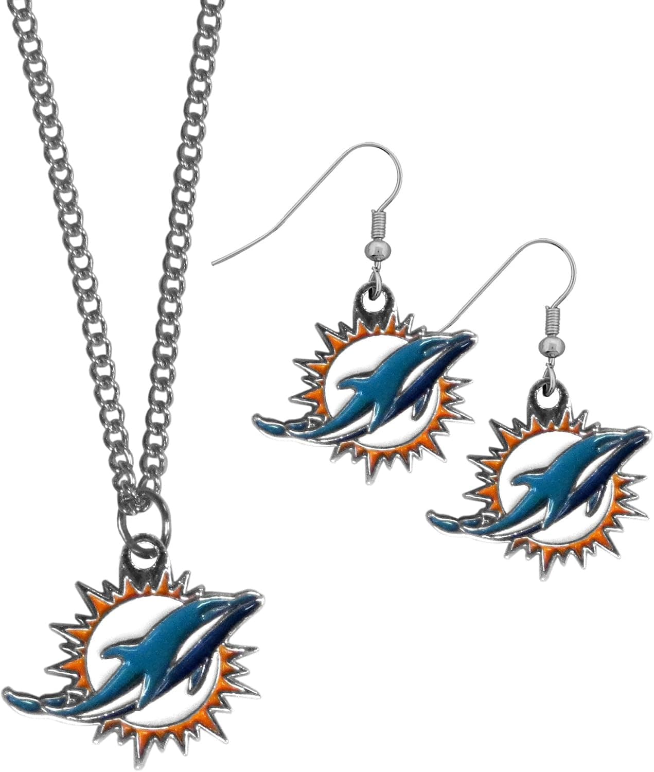 NFL Siskiyou Sports Womens Miami Dolphins Dangle Earrings and Chain Necklace Set One Size Team Color