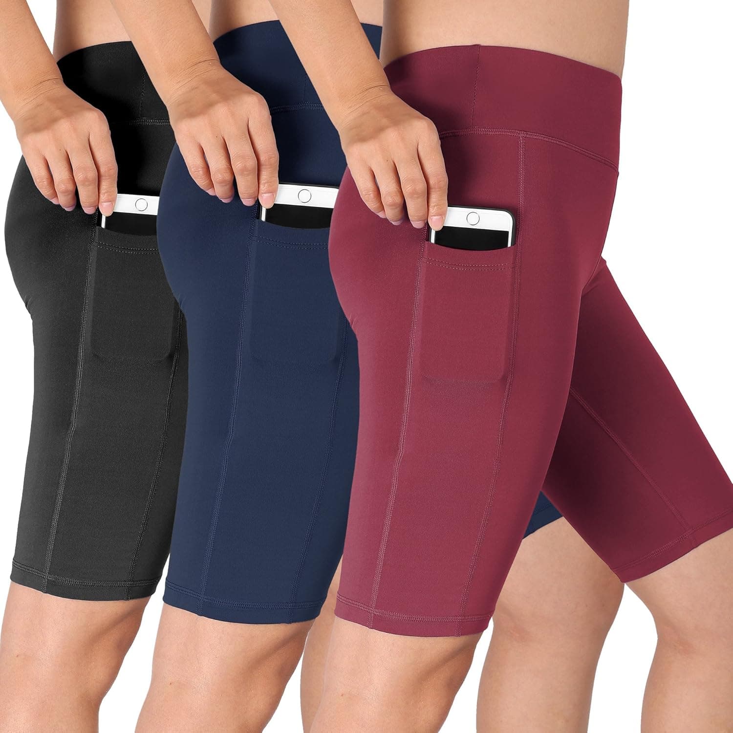 Cadmus Women's High Waist Running Workout Shorts with Pocket,3 Pack,06,Black,Navy Blue,Wine Red,Small