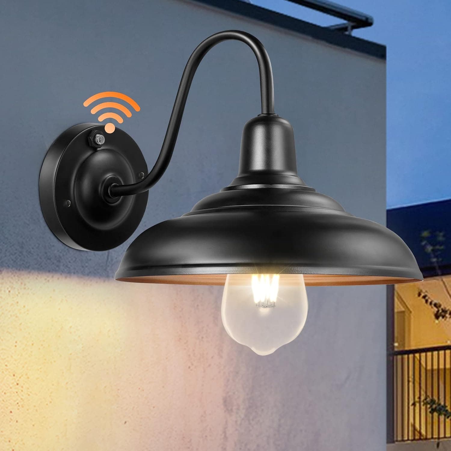 Farmhouse Barn Light Outdoor, Dusk to Dawn Outdoor Wall Lights, Vintage Matte Black Outdoor Wall Lighting Exterior Gooseneck Light Fixture for Porch Entryways (1 Pack)