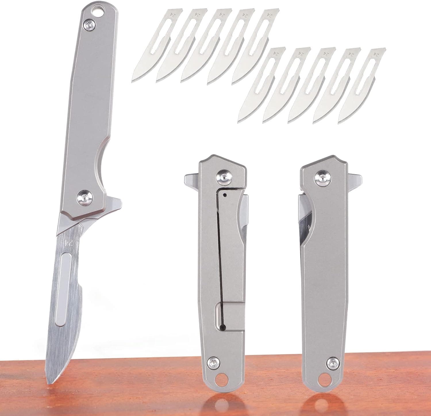TENCHILON T30 Mini Titanium Flipper Folding Pocket Scalpel Knife, 10pcs #24 Blades, 3 inches Handle with Frame Lock, Tiny Small Micro EDC Knives for Men Women