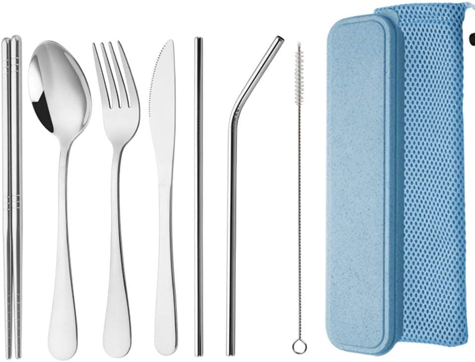 Travel Utensils,Reusable Silverware Set To Go Portable Cutlery Set with a Waterproof Carrying Case for Lunch Boxes Workplace Camping School Picnic (Blue)