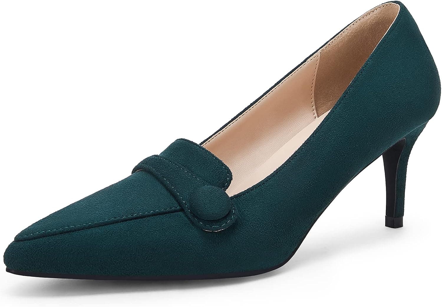 Rilista Women's Low Kitten Heels Pumps Closed Pointed Toe Suede Button Office Lady Wedding Dress Pumps Shoes