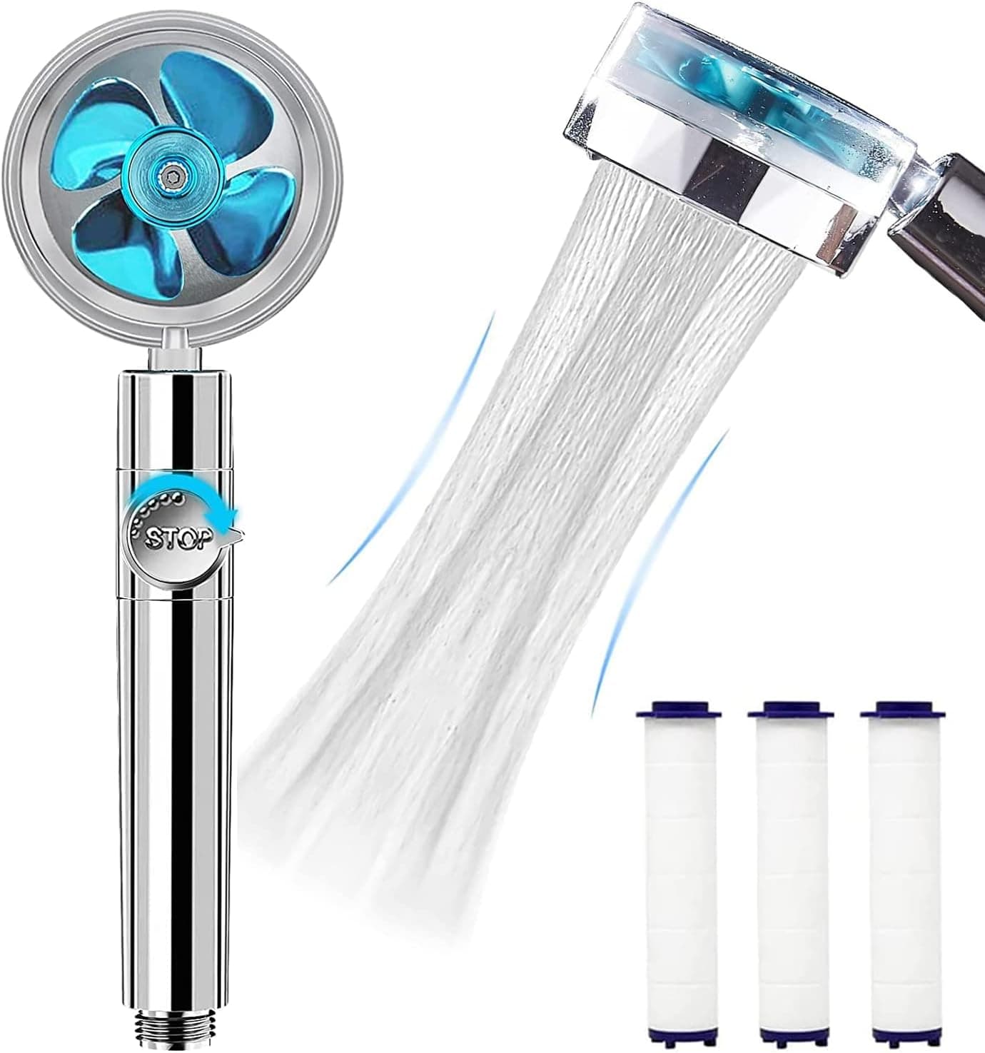 choncyn High Pressure Water Saving Propeller Shower Head, Handheld Turbo Shower with 3 Filters, Easy Install Vortex Shower Head 360 Degrees Rotating-Hydro Jet Shower Head with Pause Switch(Blue)