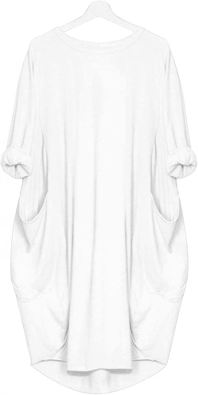Oversize Short Long Sleeve Tunic Dresses Plus Size Baggy Midi Tshirt Dress with Pockets for Women,Womens Casual Shift Dresses