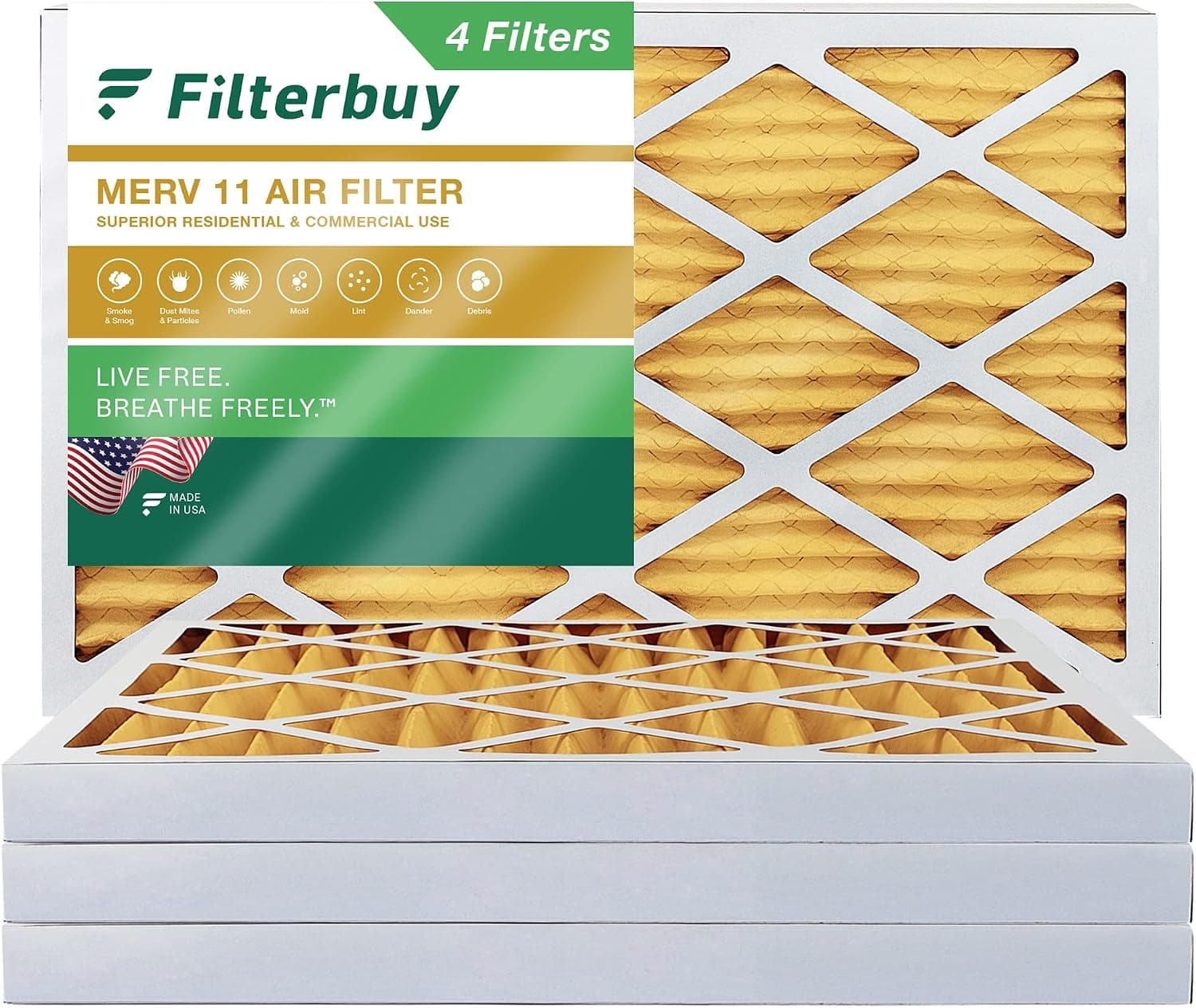 Filterbuy 16x24x2 Air Filter MERV 11 Allergen Defense (4-Pack), Pleated HVAC AC Furnace Air Filters Replacement (Actual Size: 15.38 x 23.38 x 1.75 Inches)