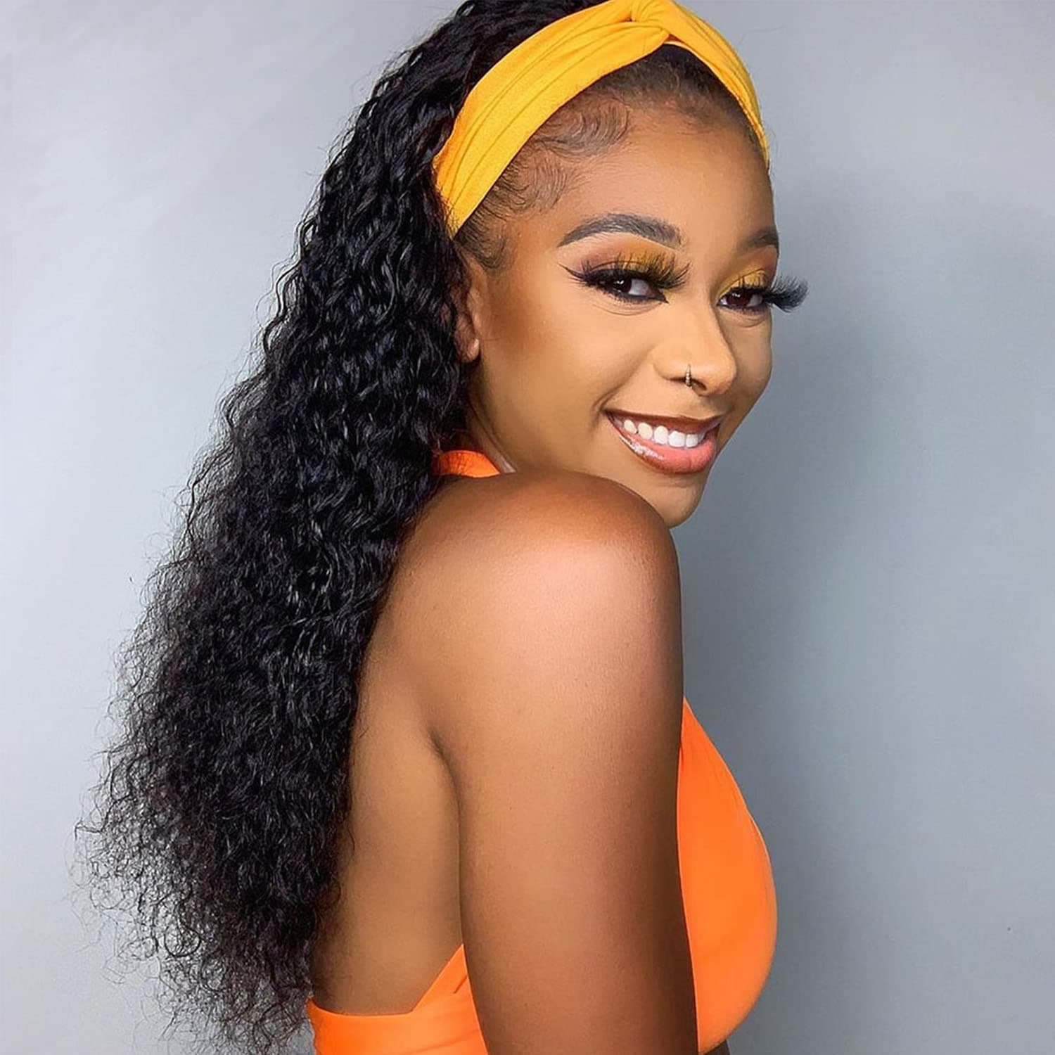 IVCoco Headband Wig for Black Women Human Hair,Curly Headband Wig Human Hair Glueless None Lace Front Wigs, 10A Grade Brizilian Human Hair Machine Made, Headband Wig Human Hair 180% Density (24Inch, Natural Color)
