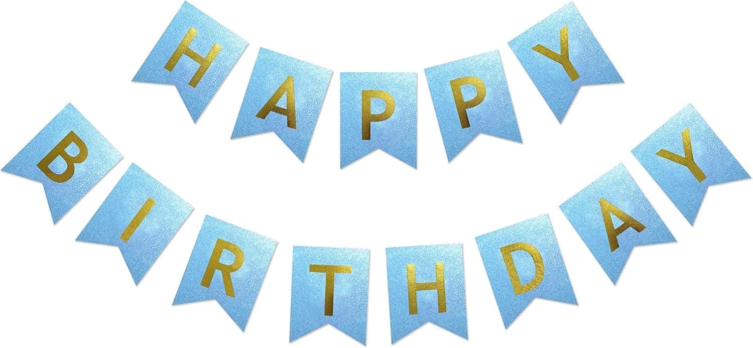 Maplelon Pre-Strung Glitter Birthday Banner, Blue Bday Party Bunting Sign, Hanging Sparkling Gold Letters Banner