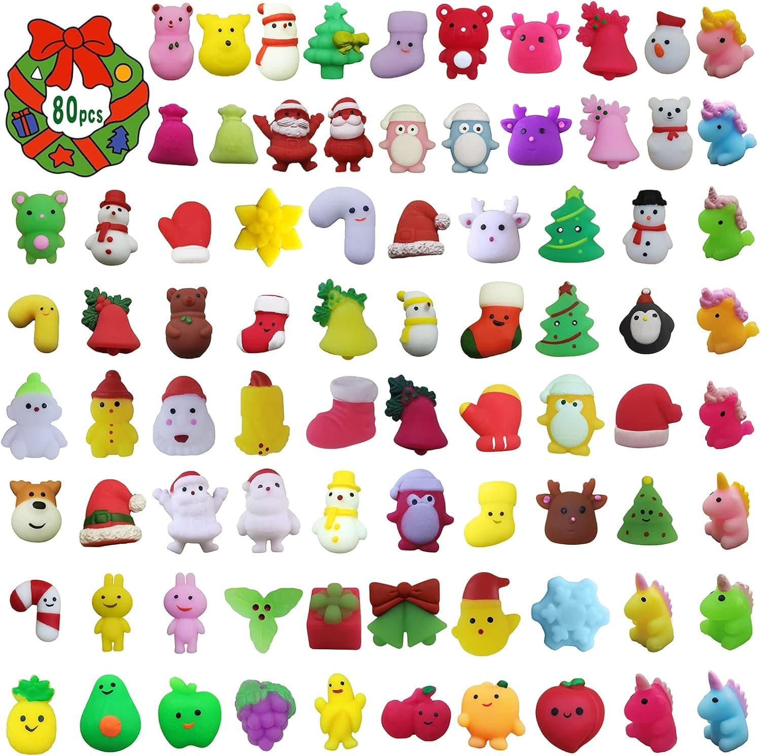 80pcs Mochi Squishy Toy, Christmas Squishy Toys Party Favors for Kids, Christmas Goodie Bag Stuffers Stocking Pinata Fillers Stress Relief Fidget Toys Gift, Kawaii Mochi Squishy Toys Gift for Kids.
