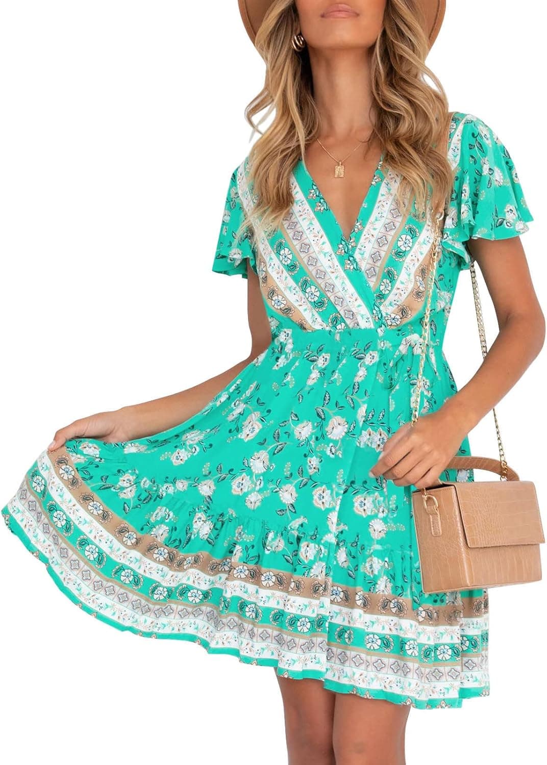 ZESICA Women's 2023 Summer Wrap V Neck Bohemian Floral Print Ruffle Swing A Line Beach Mini Dress