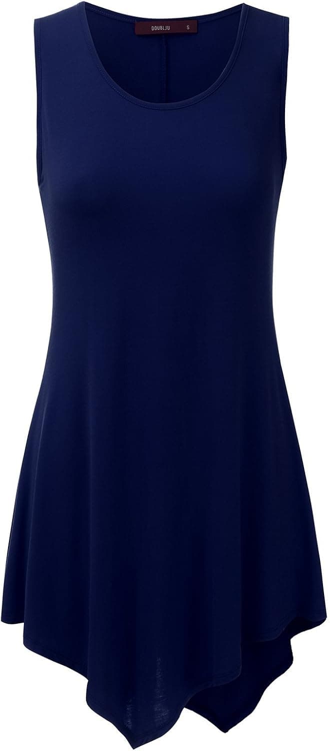Doublju Basic Stretchy Asymmetrical Tunic Tank Tops for Women (Plus Navy Small