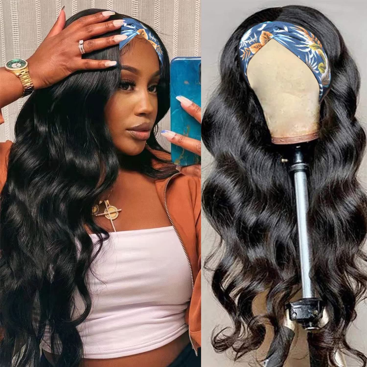 Tgezer Headband Wigs for Women Synthetic Natural Long Headband Wig with Headband Attached 22inch Machine Made Glueless None Lace Front Wigs 180% Density (BODY WAVE-1B#)