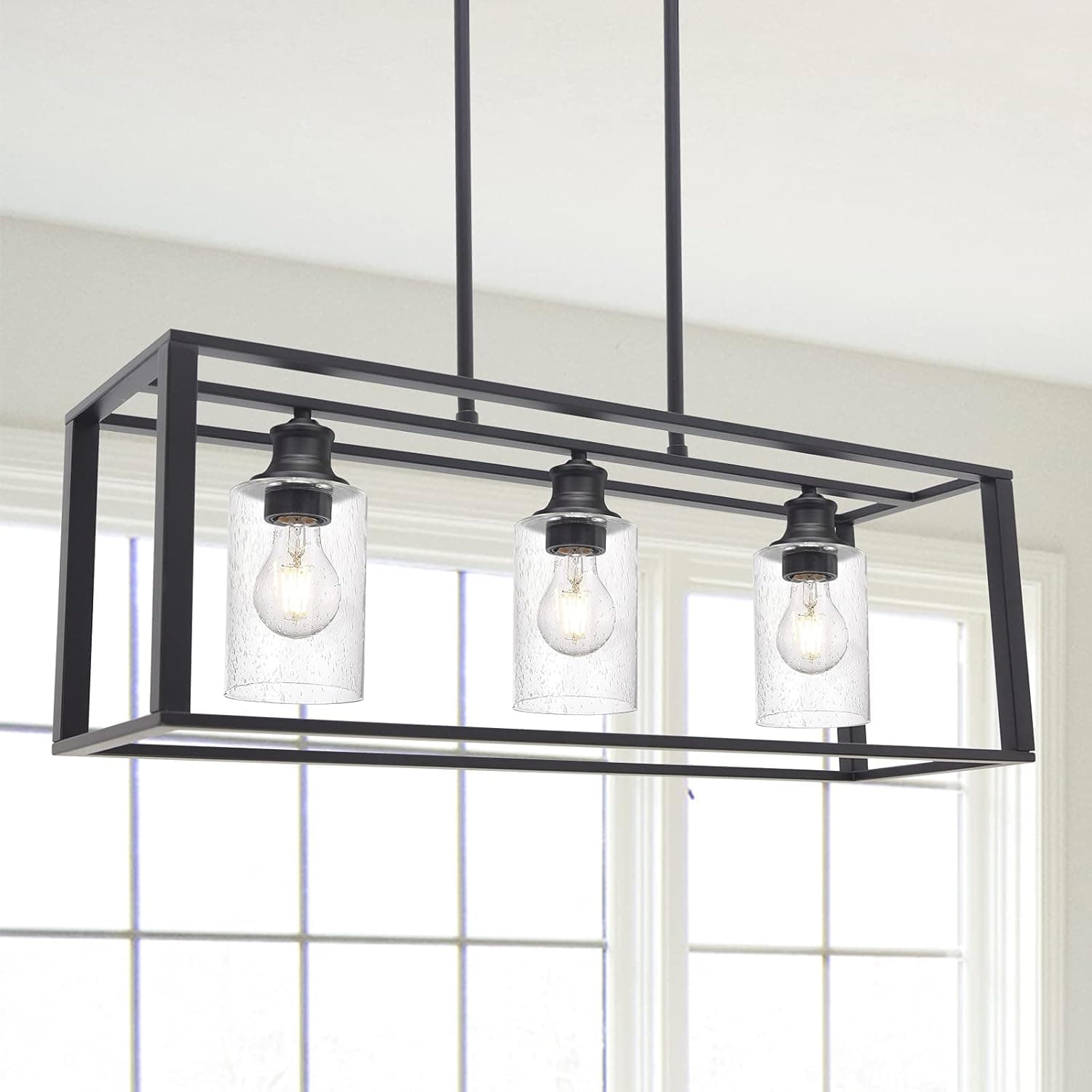 Wanluce 3-Lights Modern Chandeliers Black Finish, Farmhouse Dining Room Light Fixtures with Clear Glass Shade Rectangular Island Pendant Lighting for Kitchen Island, Living Room, Foyer, Dining Room