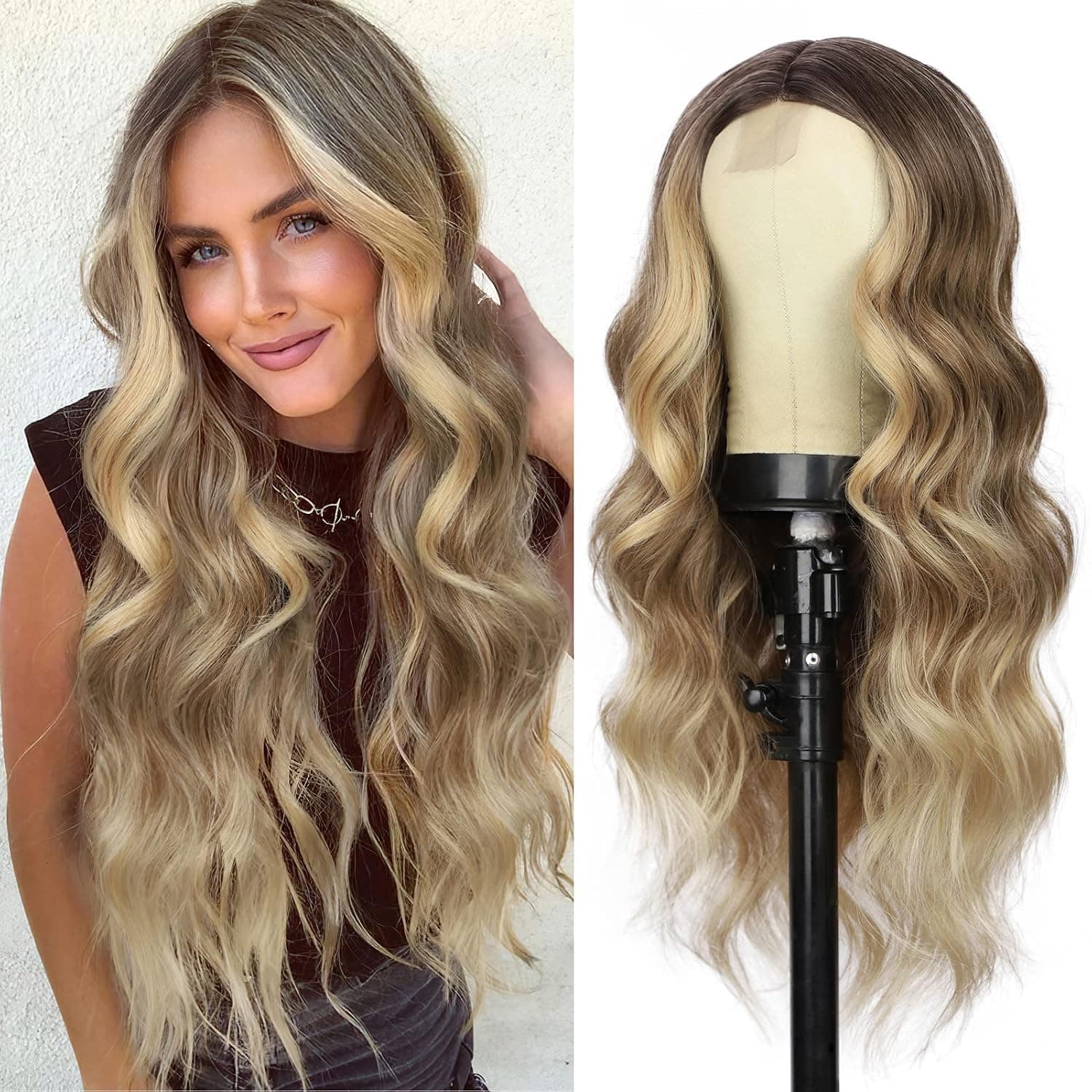 Long Blonde Wavy Wigs for Women Middle Part Curly Brown Wig 24 Inch Heat Resistant Synthetic Wig for Daily Party Use (Blonde Mix Brown)