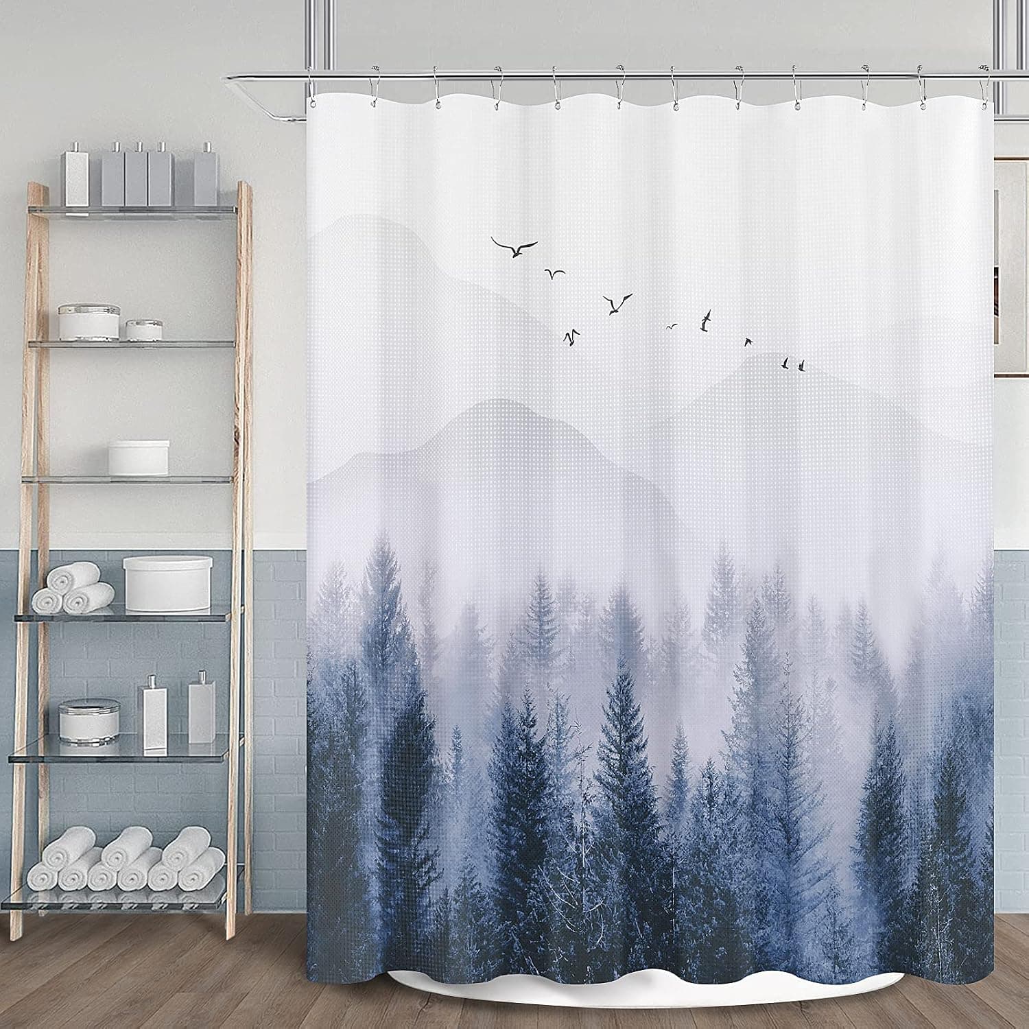 Hokibero Forest Nature Tree Shower Curtain Light Blue Shower Curtain Set Woodland Shower Curtains for Bathroom Water Repellent Decorative Bathroom Curtains, 72 x 72 inch, Foggy Forest-Misty Blue