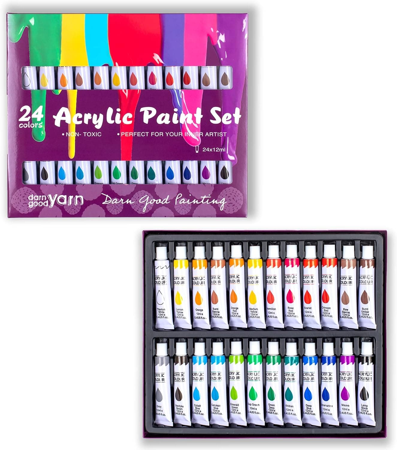 Darn Good Yarn Acrylic Paint Set, 24 Colors/Tubes, Non-Toxic Non-Fading, Rich Pigments for Artist, Hobby Painters, Adults & Kids, Ideal for Canvas Wood Clay Fabric Ceramic Craft Supplies