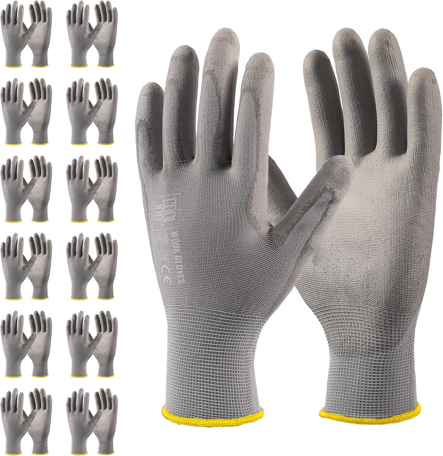COOLJOB 12 Pairs Safety Work Gloves with Grip, Ultra-lite PU Coated Polyurethane Working Gloves for Men Women, 13 Gauge Seamless Knit for Warehouse Driver Worker, Bulk Pack Package, Small Grey