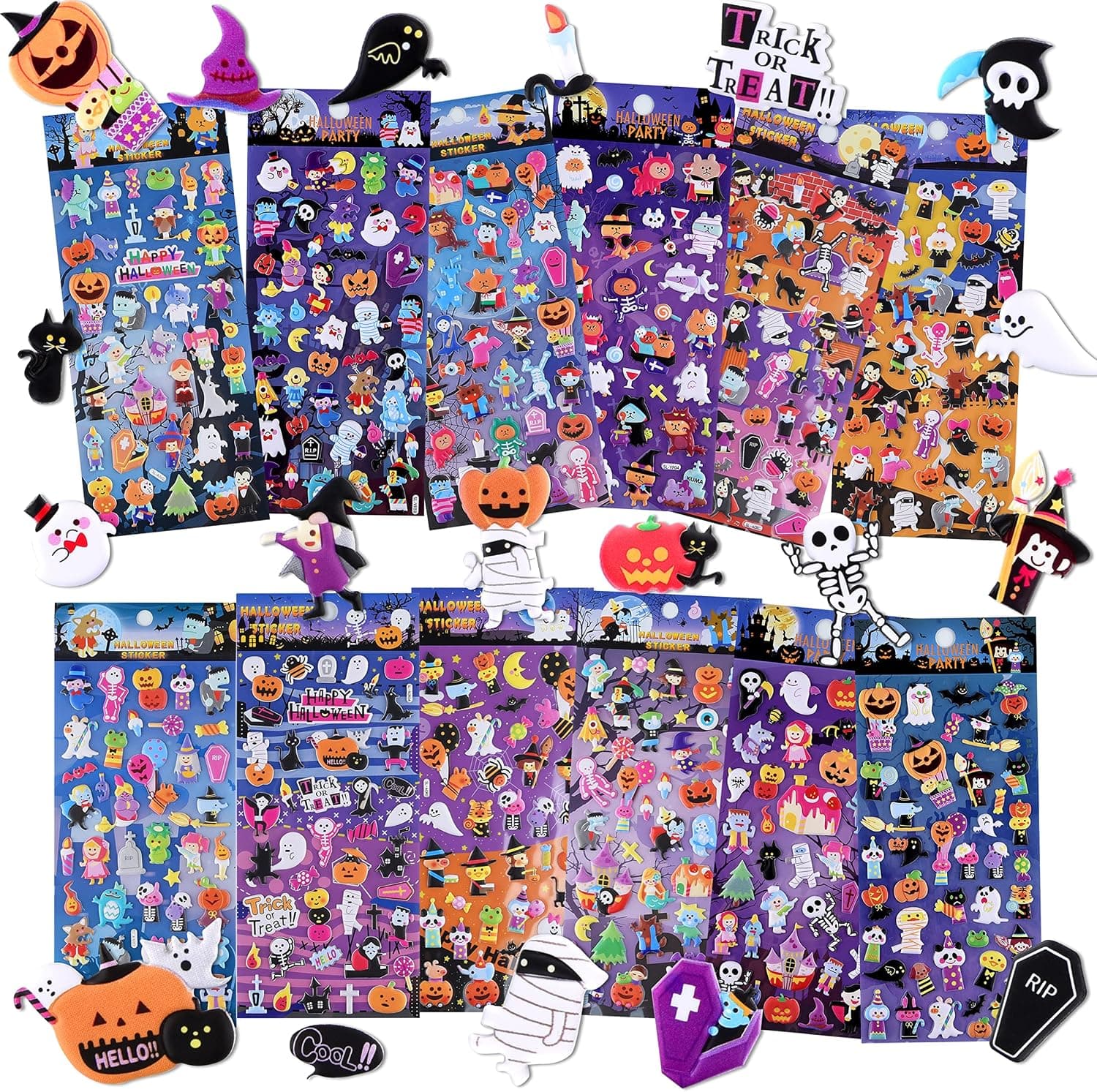 ASTARON Halloween Stickers 12 Sheets 3D Stickers for Kids, 400+ Puffy Halloween Stickers Witch Skull Pumpkin Ghost Stickers Decals for Halloween Decorations Halloween Party Favors