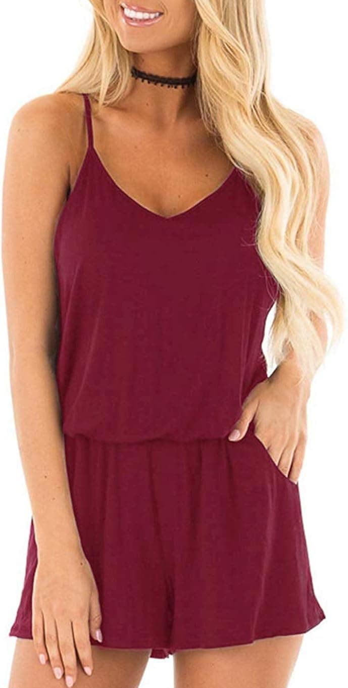 Weilim Women's Summer Loose Spaghetti Strap Short Jumpsuit Rompers Pockets Top 03S-Wine Red S