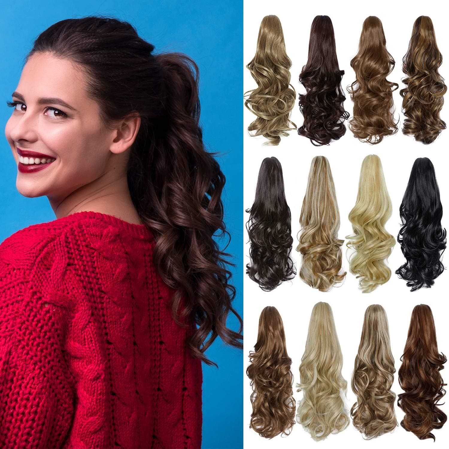 SHEDOWIG Ponytail Extension 16" Long Curly Wavy Claw Jaw Clip in Synthetic Hairpiece Pony Tail Tale Ponytail Hair Extensions