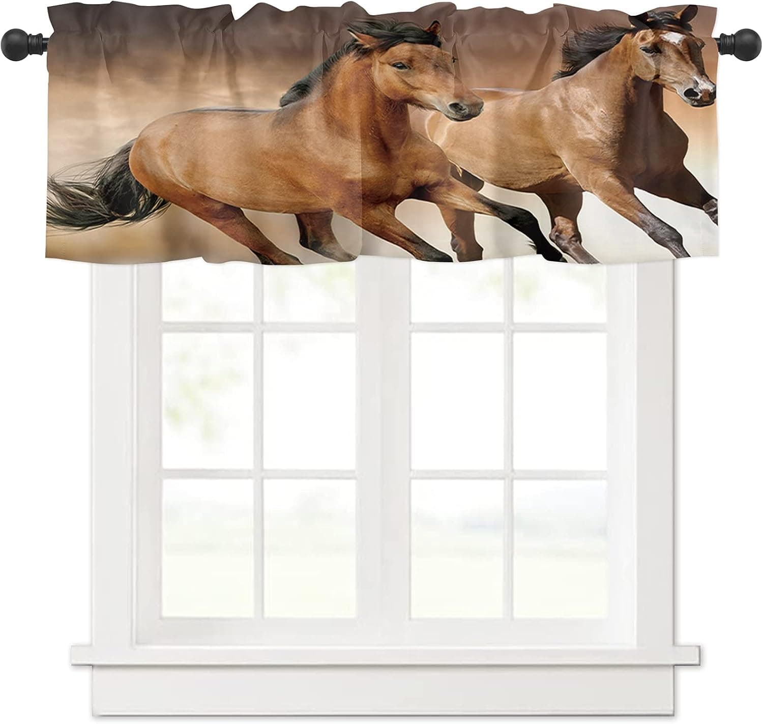 Windows Valances Curtain Horses Running on The Grassland Kitchen Valances Rod Pocket Brown Horse Window Curtain Treatment Short Topper Curtains for Kitchen Bedroom Living Room 1 Panel, 54 x 18 inch