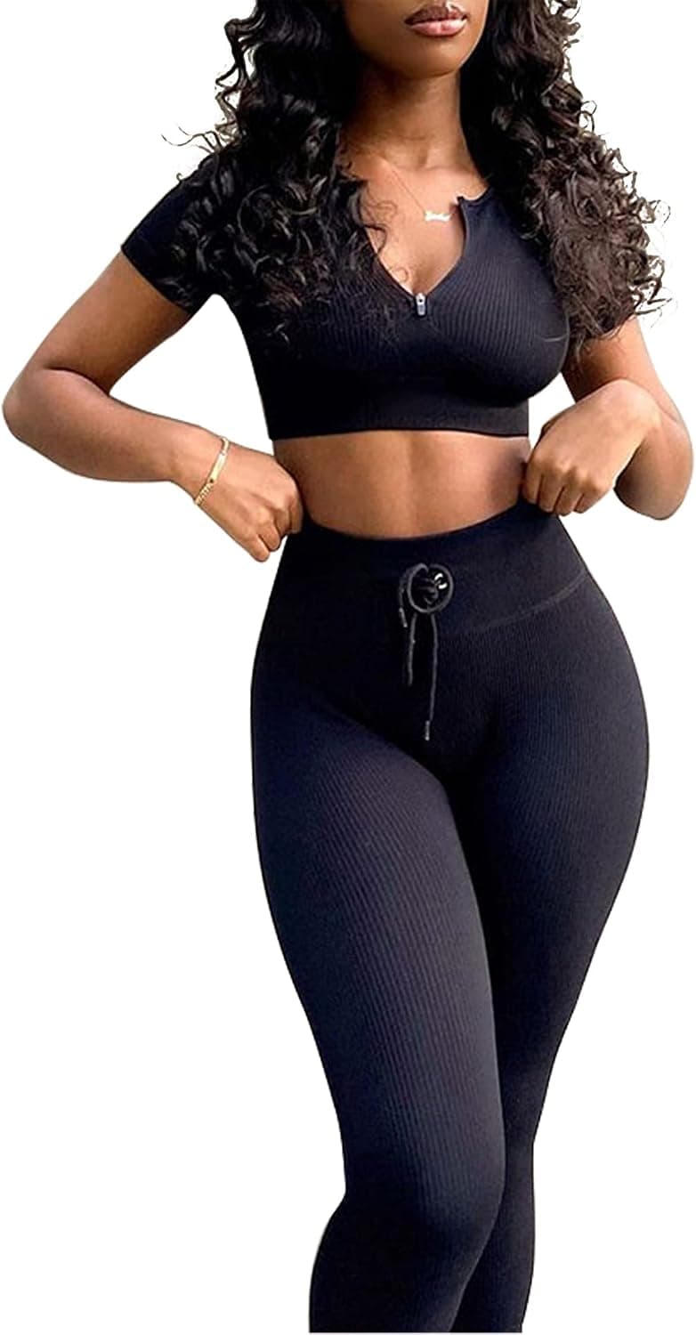 Bashafo Womens Workout Outfits 2 Piece High Waist Leggings Sets Ribbed Seamless Yoga Zipper Crop Top（Black,L)