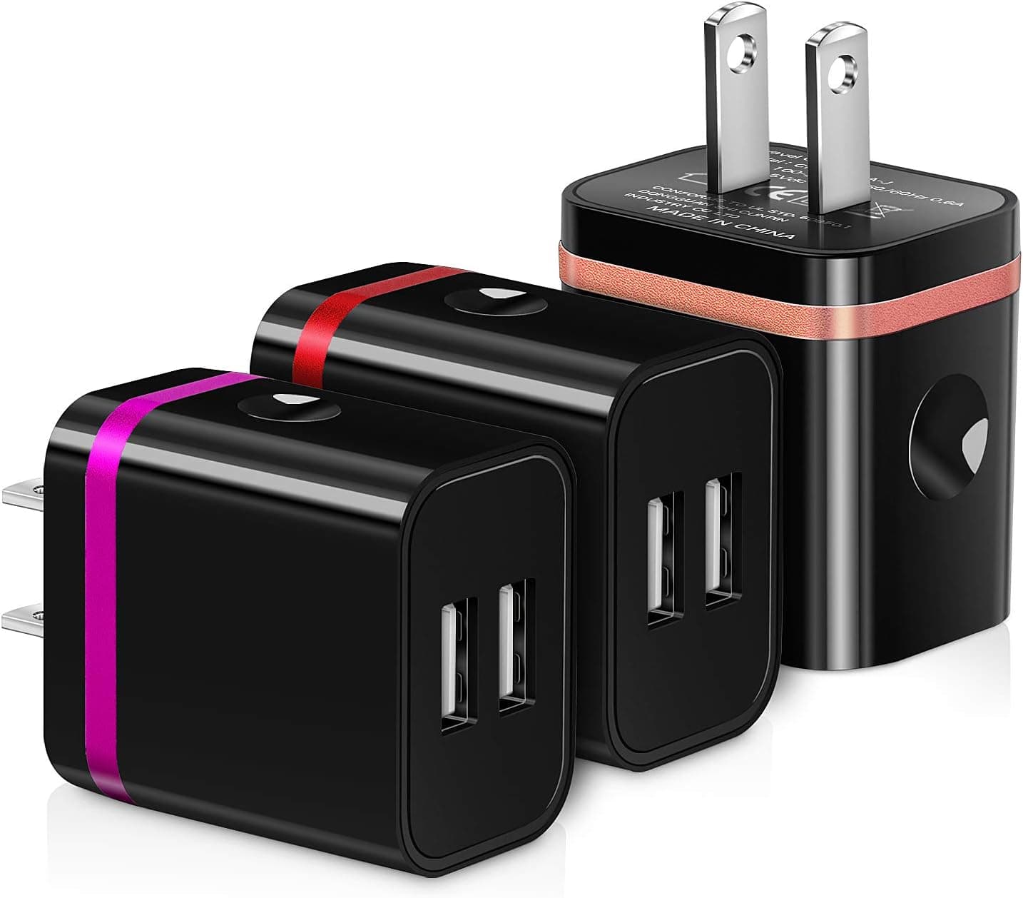 USB Charger Wall Plug, Phone Charger Box Boxeroo 3-Pack Home Travel 2.4Amp Dual Port USB Wall Charger Charging Block Cube Brick Compatible with iPhone 8 7 6S, iPad, Samsung, Android Phone