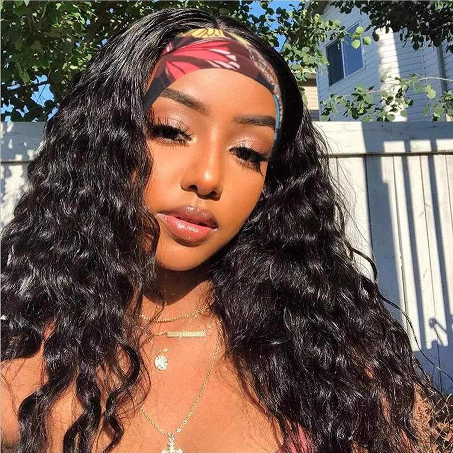 Donmily Headband Wig Water Wave Human Hair Wigs Glueless None Lace Front Wigs Brazilian Virgin Hair Natural Color Headband Wigs for Black Women 150% Density 20Inch
