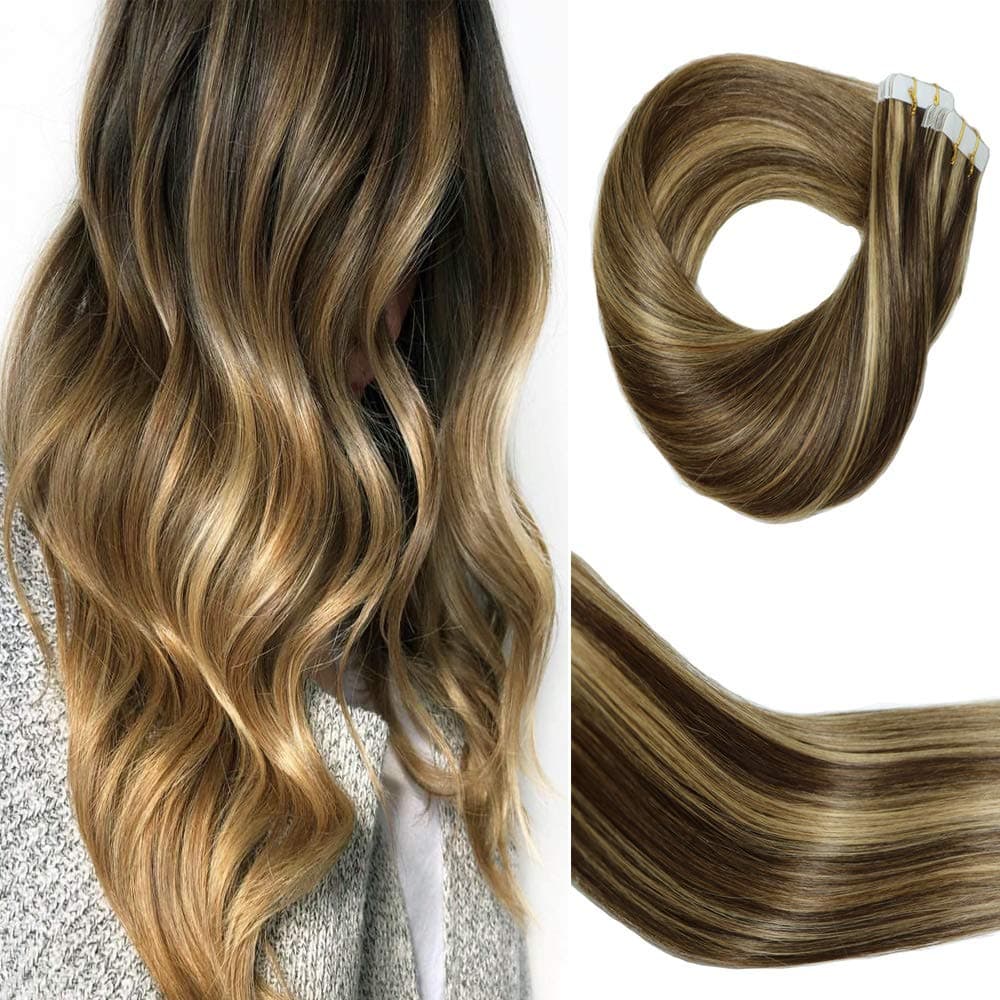 HUAYI Dark Brown Ombre Blonde Highlights Human Hair 50g 20Pcs 18inch Tape In Hair Extensions Tape Lasting Hair Soft Thick End Tangle Extensions Balayage Hair(427#18'')