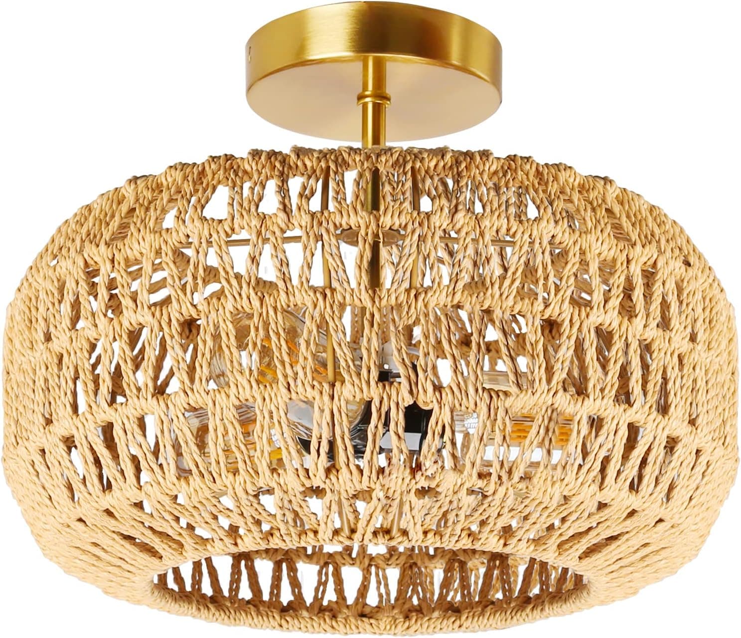 IBESTWIN Rattan Ceiling Light Fixtures, 3-Light 12.6 Inch Antique Brass Handmade Woven Boho Semi Flush Mount Ceiling Light for Bedroom, Kitchen, Living Room