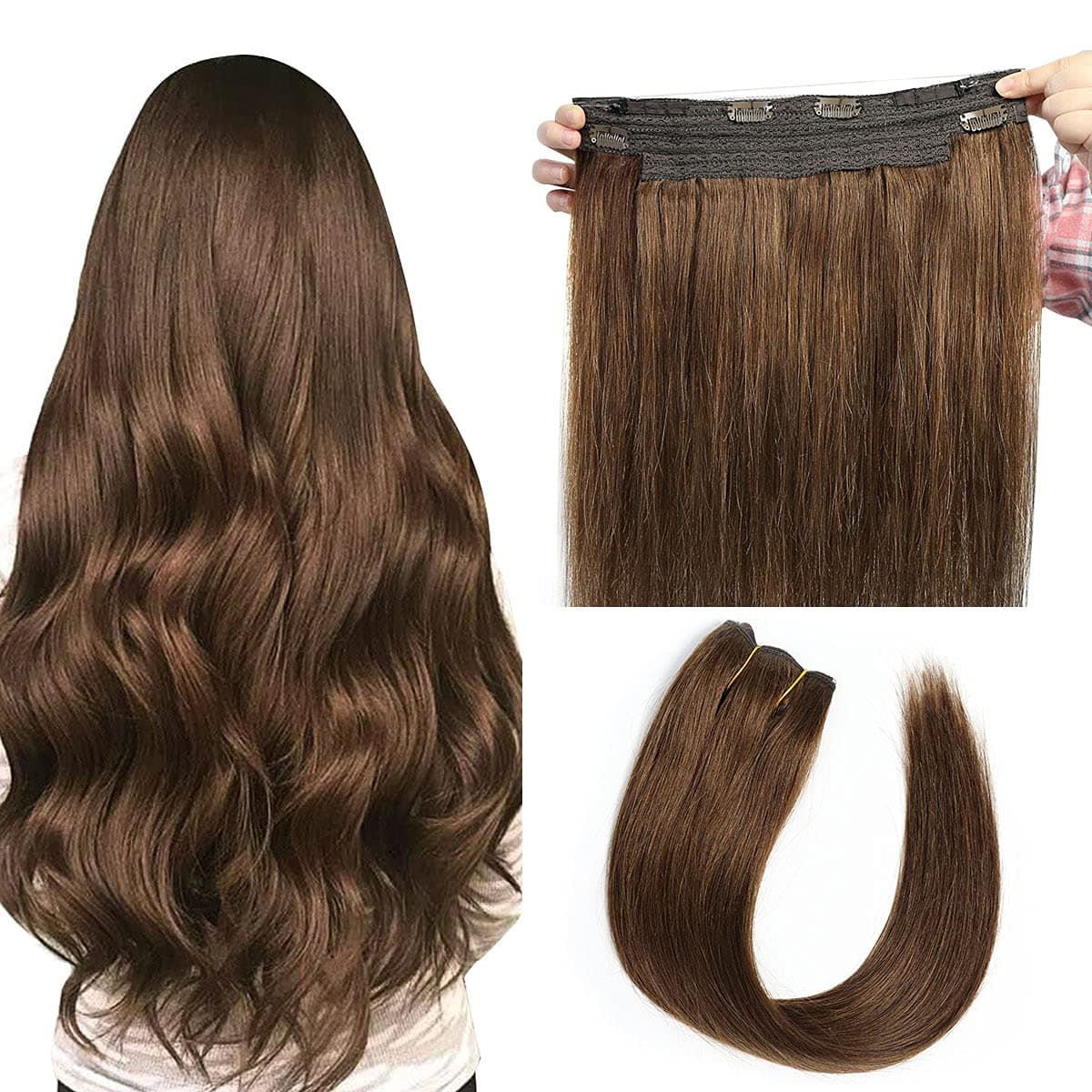 Coolpop Halo Hair Extensions Real Human Hair Chocolate Brown 20" 3.5OZ Hairpieces for Women Invisible Wire Fish Line Hair Extensions Straight Human Filp Hair Extensions