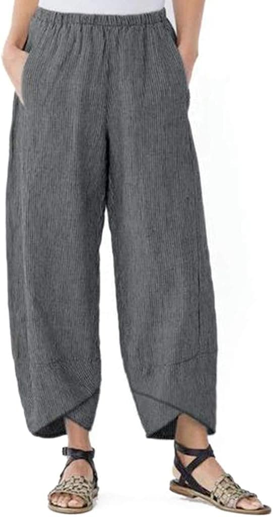 LISTHA Linen Loose Pants Women Casual Solid Pocket Elastic Waist Loose Trousers