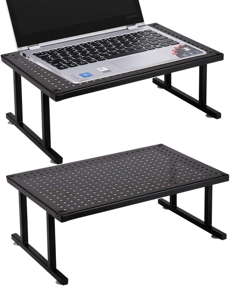2 Pack Monitor Stand Riser with Anti-Slip Suction Cup, Vented Metal Desktop Organizer Stand for Laptop, Computer, PC, Printer, Black