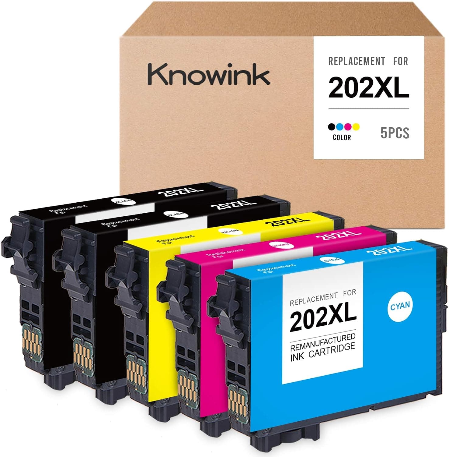 KNOWINK Remanufactured Ink Cartridge Replacement for Epson 202XL 202 XL T202XL use with Expression Home XP-5100, Workforce WF-2860 Printer (2Black, 1Cyan, 1Magenta, 1Yellow, 5 Pack)