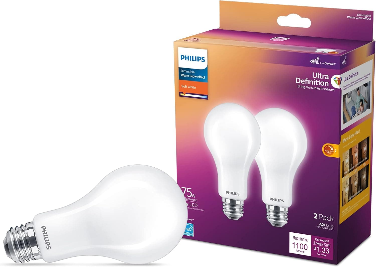 Philips LED Ultra Definition Flicker-Free Dimmable, Eye Comfort Technology, 2200K A21 Frosted Glass Light Bulb, 1100 Lumen, 11W=75W, E26 Base, Title 20 Certified, 2-Pack, Soft White (573493)
