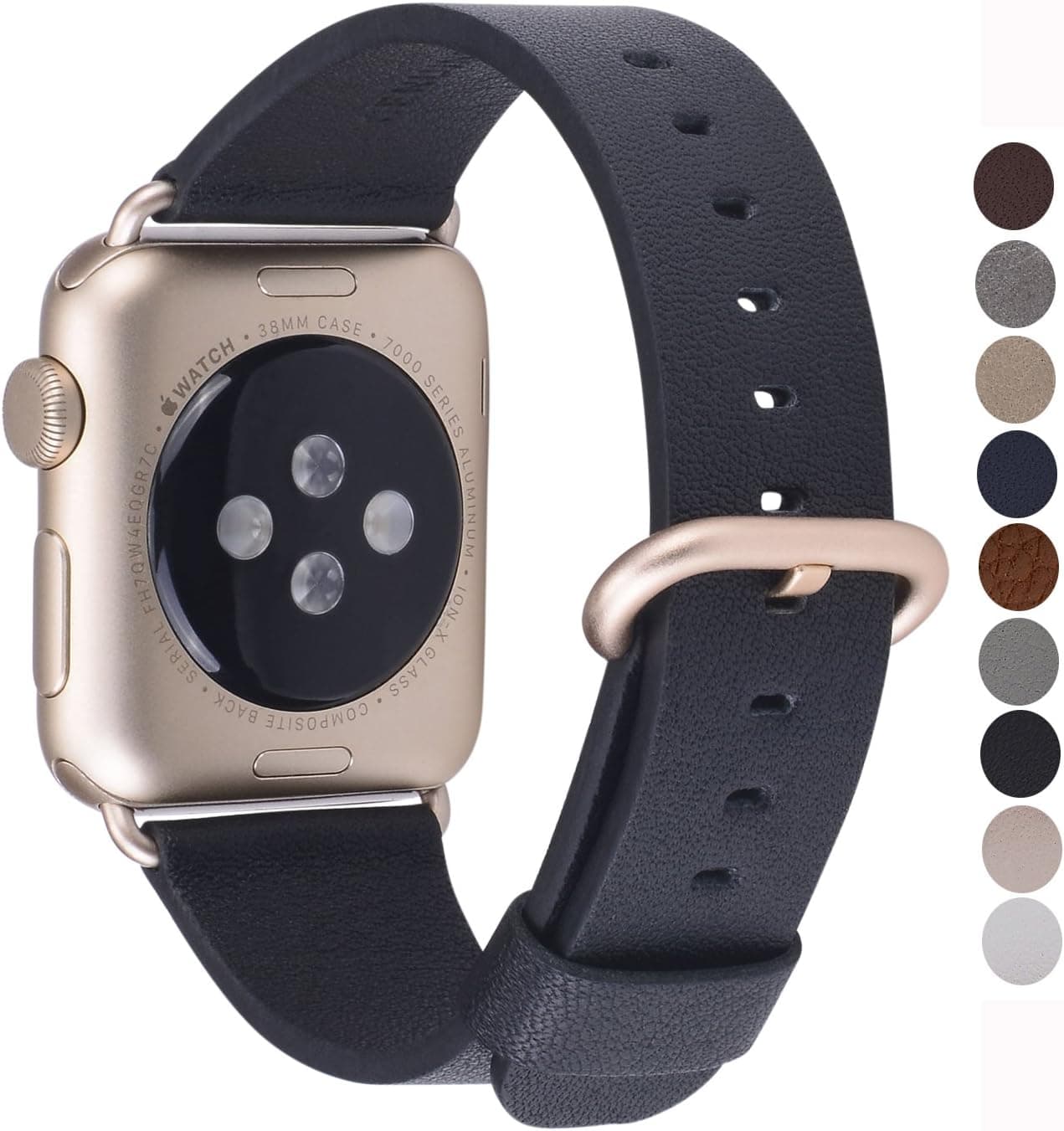 JSGJMY Compatible Apple Watch Band 42mm Men Women Black Genuine Leather Replacement Iwatch Wrist Strap Gold Clasp Compatible Apple Watch Series 2/1 Gold Aluminium
