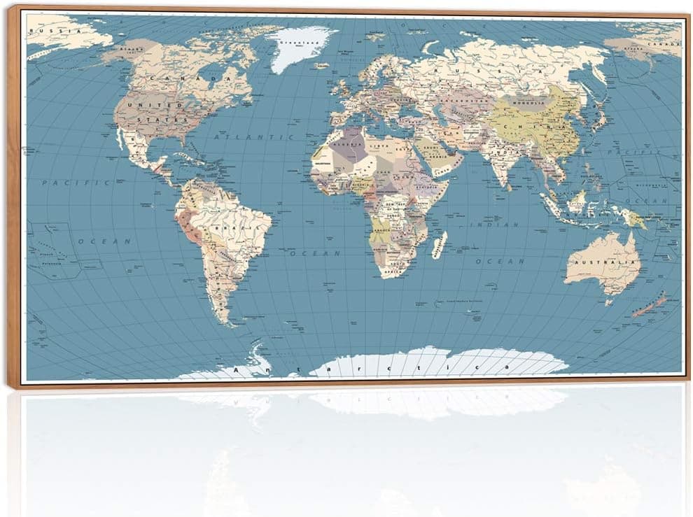 Welmeco Large Office Wall Decoration Modern Detailed World Map Canvas Prints Push Pins Travel Map of The World Picture Artwork with Nature Floater Frame for Home Office Living Room Decor