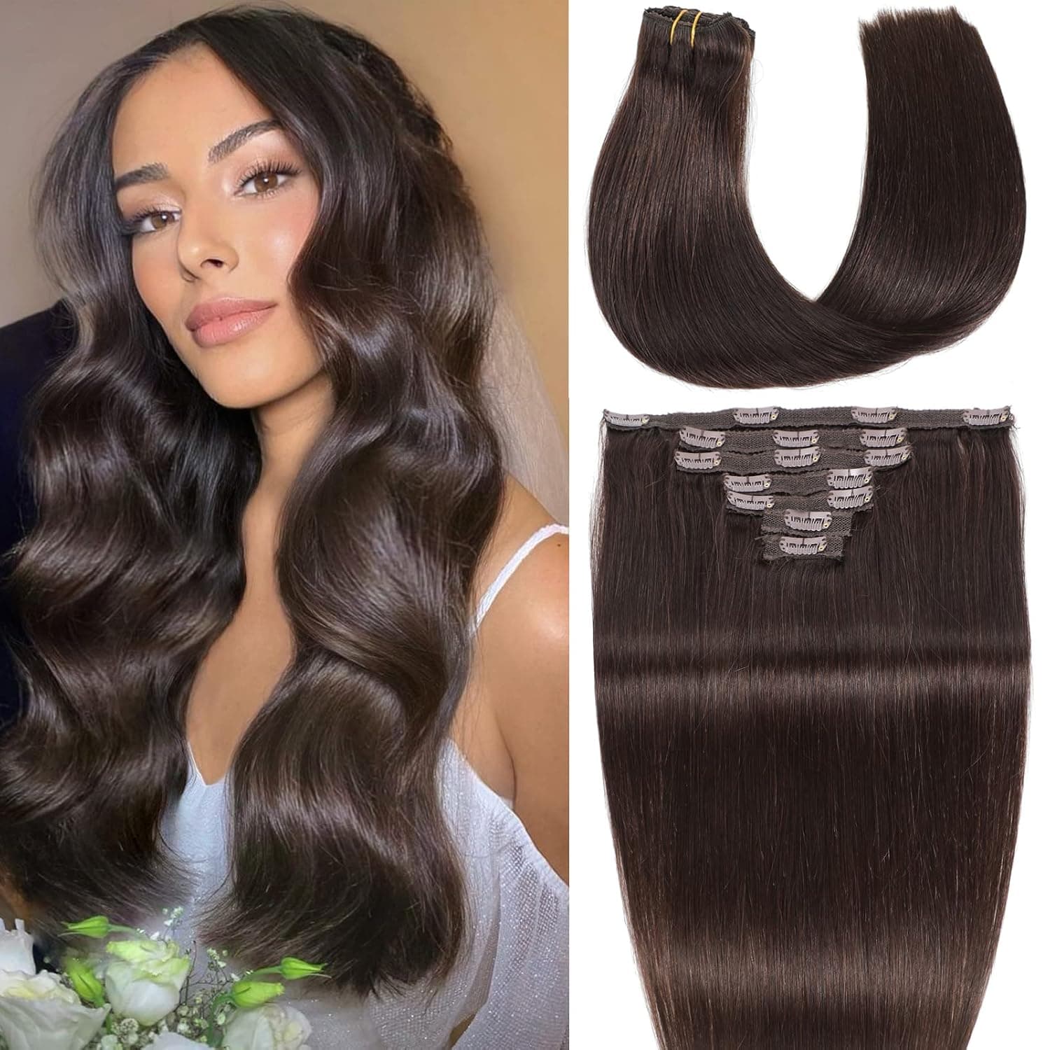Dark Brown Hair Extensions, 18inch Hair Extensions Clip in Human Hair Double Weft Soft Long Straight Hair 120g 7pcs 100% Real Human Hair Extensions for Women(#2Dark Brown 18Inch 7pcs)