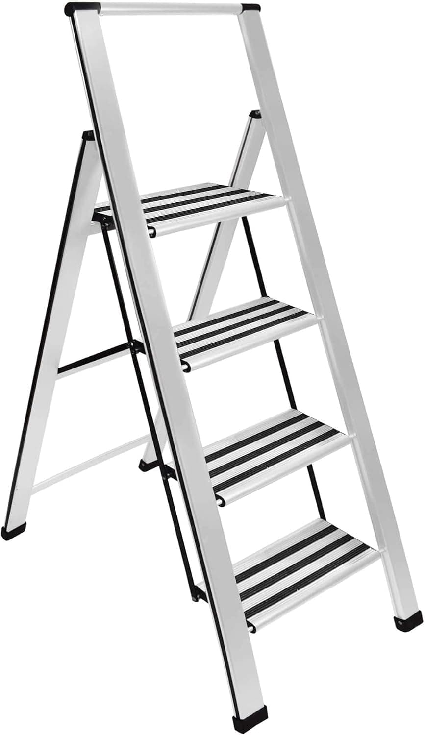 Step Ladder 4 Step Folding, Decorative - Modern Beautiful Aluminum, Ultra Slim Profile, Anti Slip Steps, Sturdy-Portable for Home, Office, Kitchen, Photography Use,by SORFEY