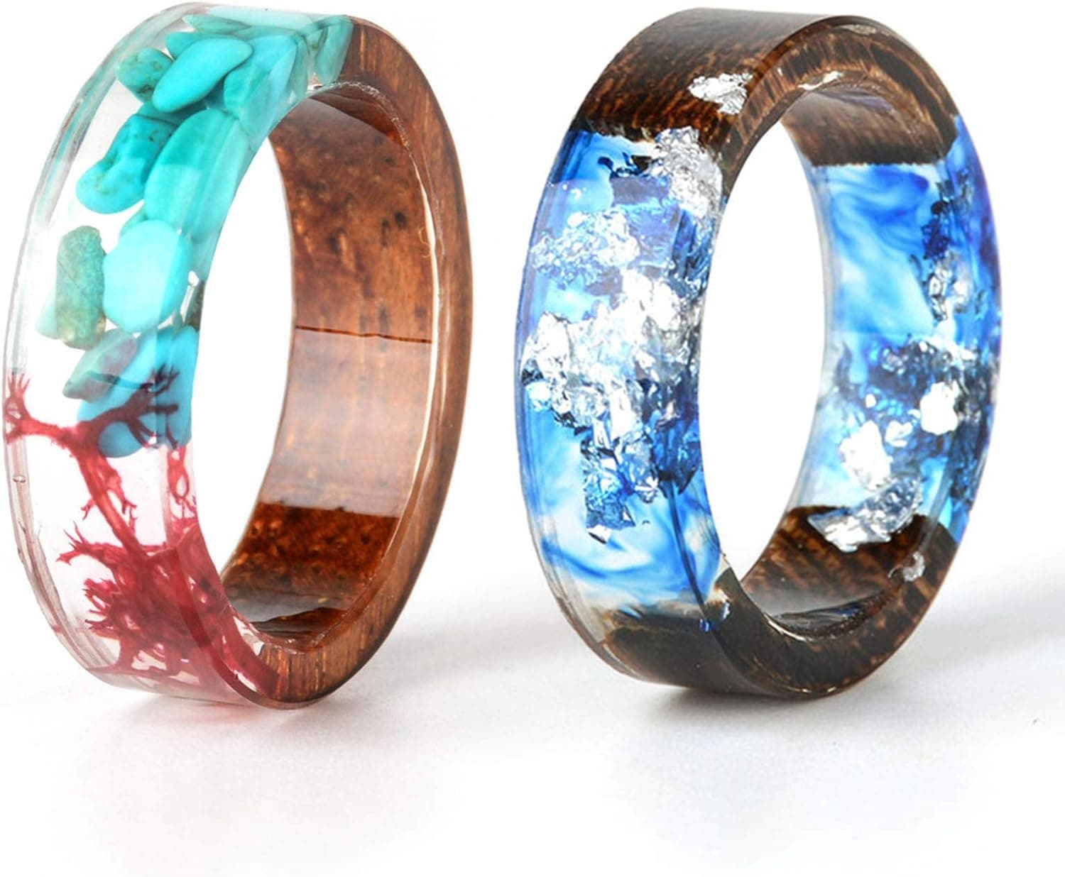 NDJEWELRY Unique Wood Plastic Resin Ring with Turquoise Insided Transparent Crystal Band Ring Best Handmade Gift for Her