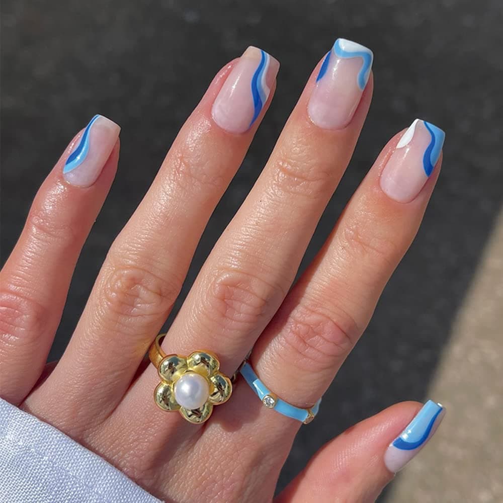 24 Pcs Press on Nails Long Square Fake Nails Designs Blue White Line False Acrylic Nails Press On Artificial Nails for Women Stick on Nails With Glue on
