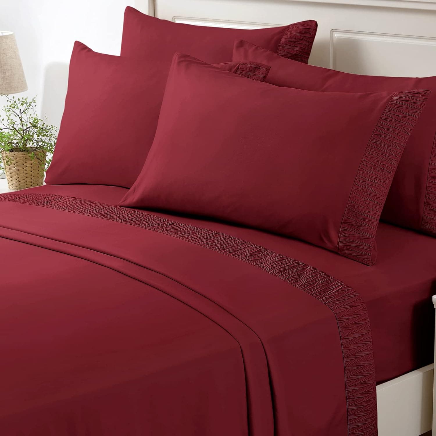 BYSURE Hotel Embossed Sheets (Burgundy, Queen), 6 Pieces Microfiber 1800 Thread Count Sheet Sets, Deep Pocket Soft Sheets & Pillowcases Sets