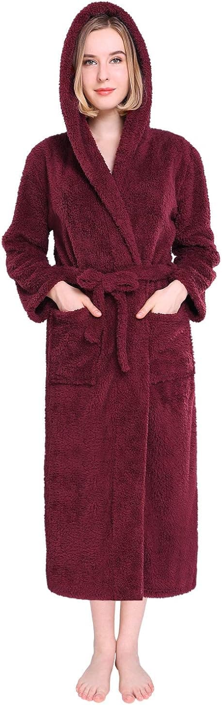 Vislivin Womens Hooded Robes Plush Bathrobe Warm Fleece Robe