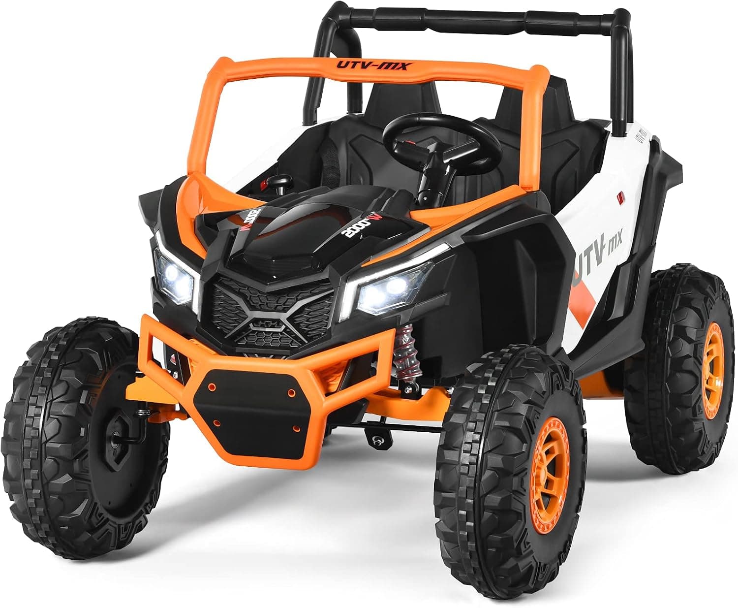 Costzon 2-Seater Ride on Truck, 12V Battery Powered UTV w/Remote Control, 3 Speeds, LED Light, Horn, Music, MP3/USB/TF, Storage Box, 4 Wheeler Spring Suspension, Electric Vehicle for Kids (Orange)