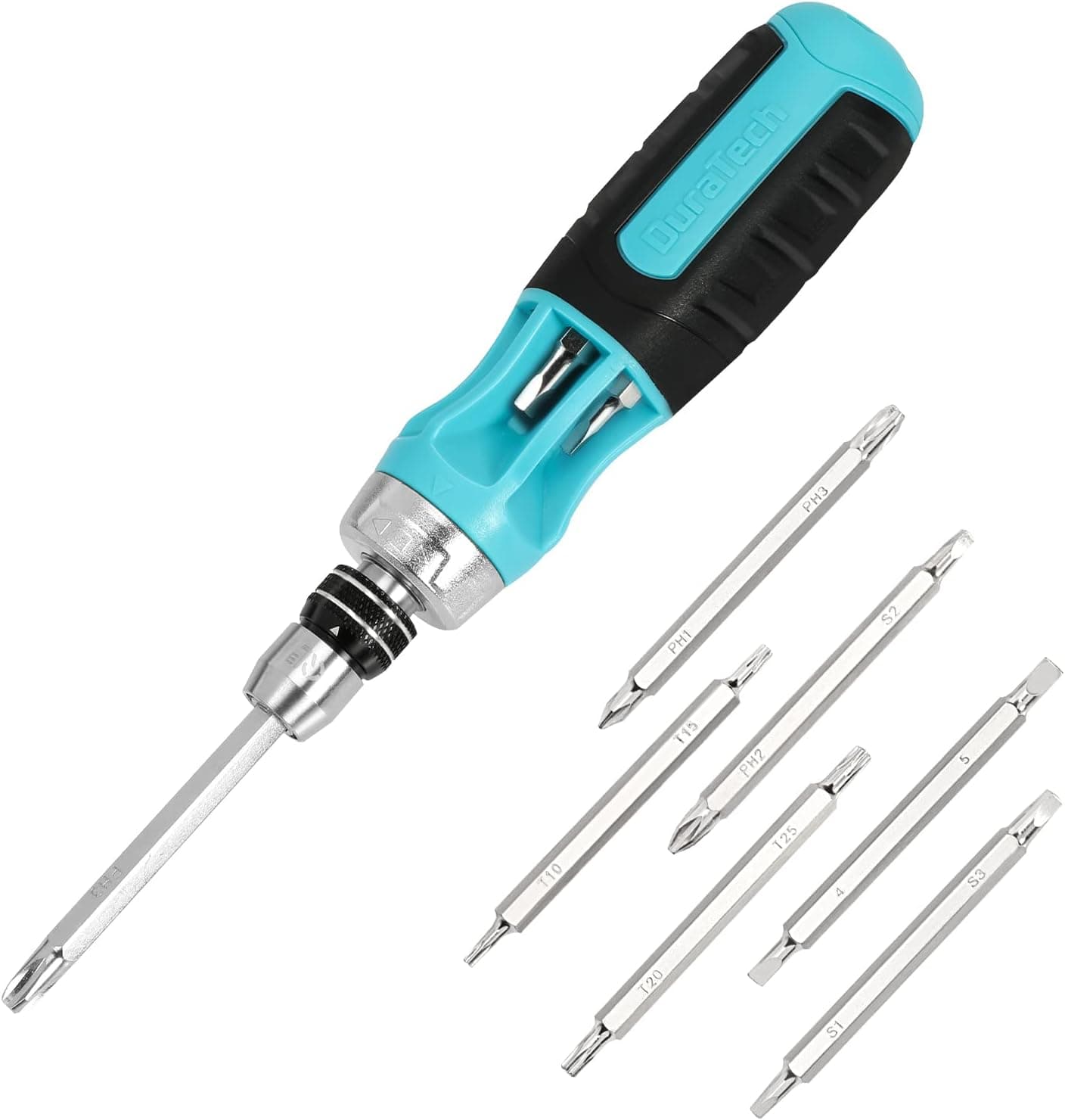 DURATECH Ratcheting Screwdriver, 12-in-1 Multi-bit Screw Drivers, Premium S2 Steel, Innovated Bits Quick-Load Mechanism, with Phillips, Slotted, Torx, Square Bits Stored in Handle