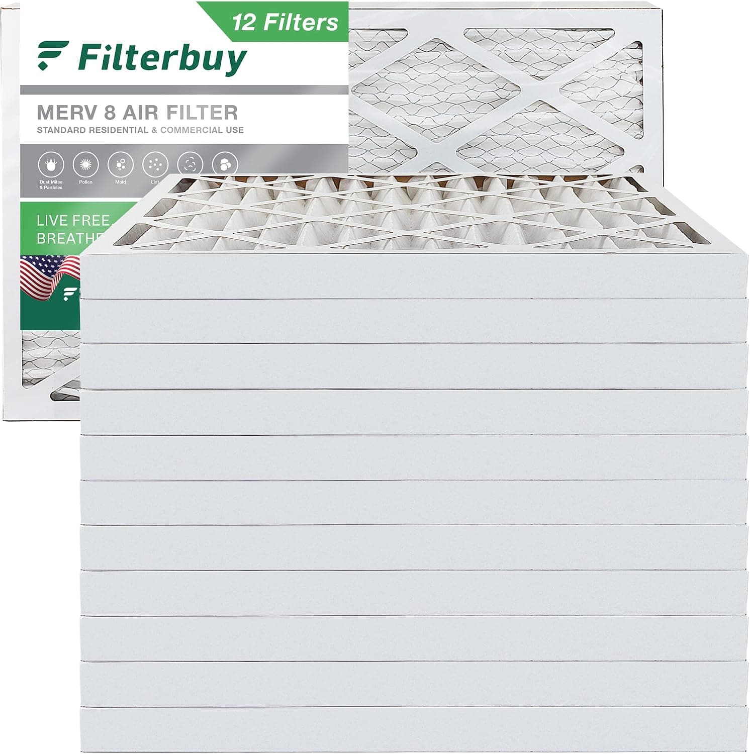 Filterbuy 16x24x2 Air Filter MERV 8 Dust Defense (12-Pack), Pleated HVAC AC Furnace Air Filters Replacement (Actual Size: 15.38 x 23.38 x 1.75 Inches)