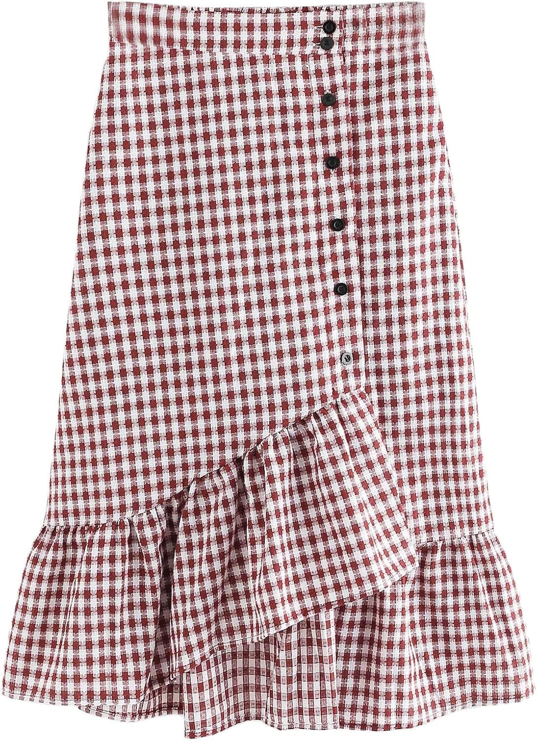 SheIn Women's Casual Button Up Ruffle Hem Plaid Wrapped Work Midi Skirt X-Large Red