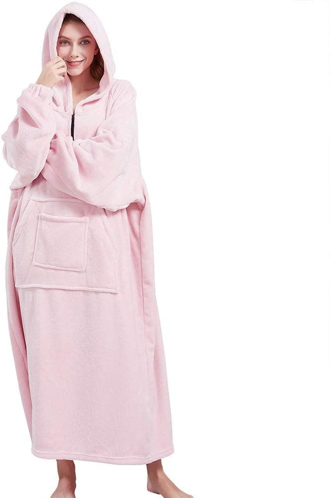 Belllislove Wearable Hoodie Blanket, Flannel Oversized Sweatshirt Blankets with Large Double Front Pocket, Quarter-Zippers Ultra Cozy Plush Blanket for Adult Kids and All Pink