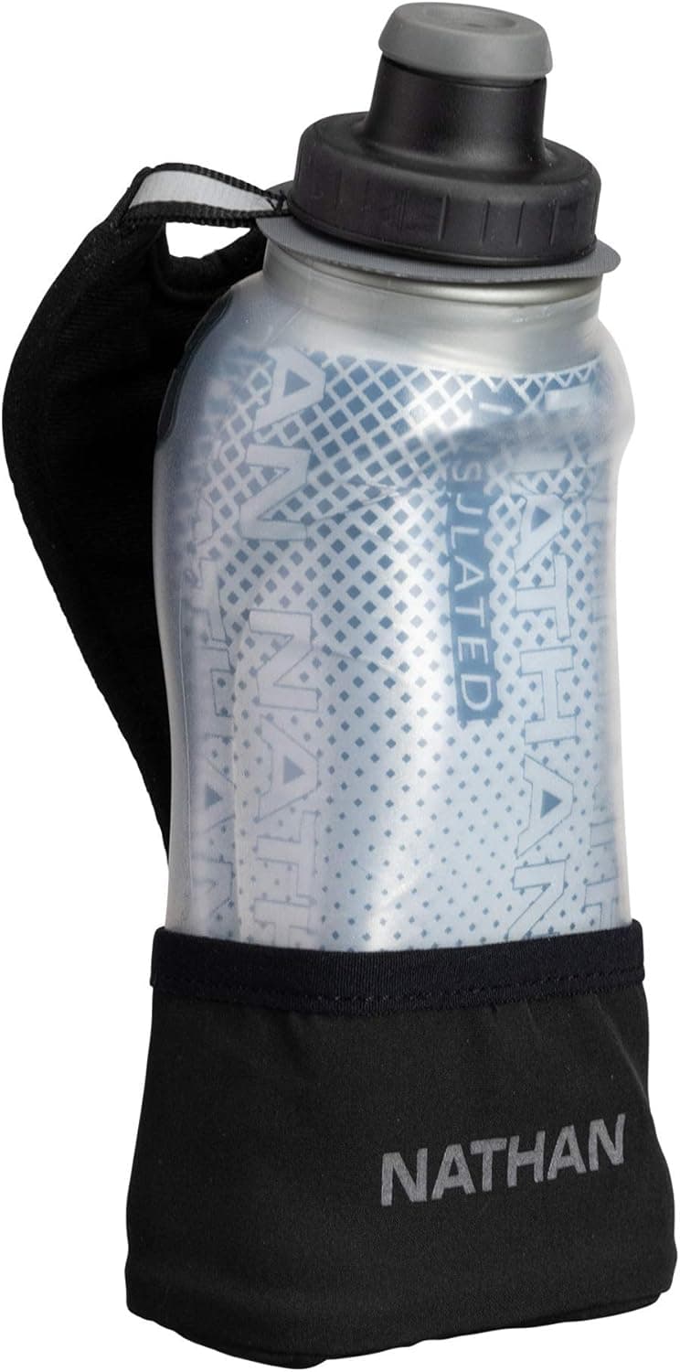 Nathan Running Handheld Quick Squeeze. No-Grip Adjustable Hand Strap. 12oz / 18oz / Insulated. Reflective Hydration Water Bottle. (12oz Insulated, Black)