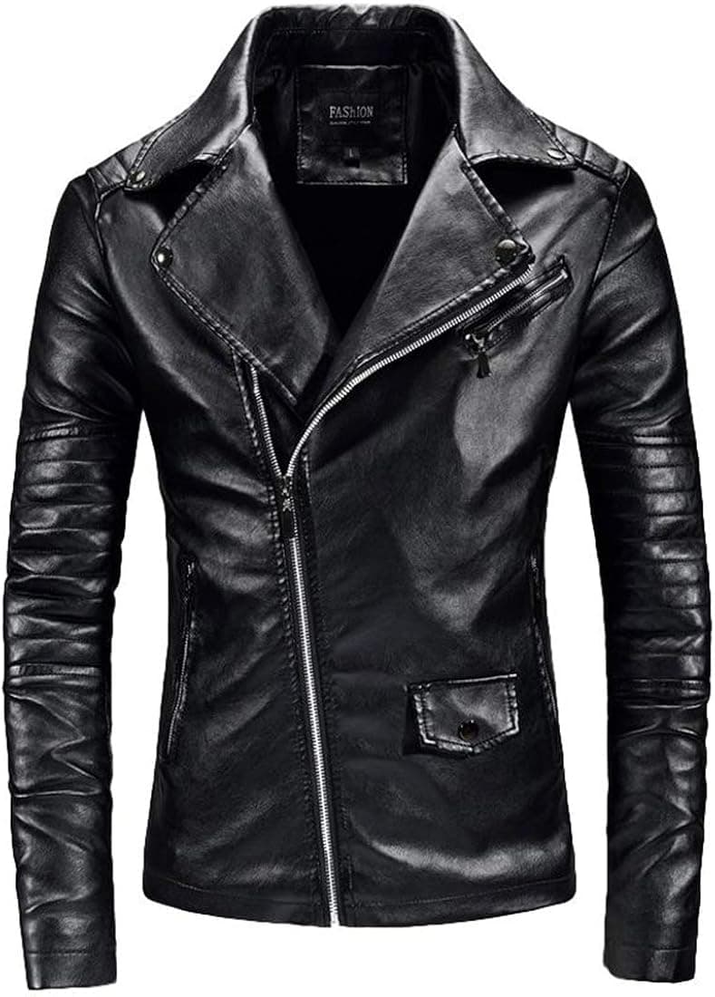 Idopy Men`s Casual Slim Fit Rider Trucker PU Faux Leather Jacket